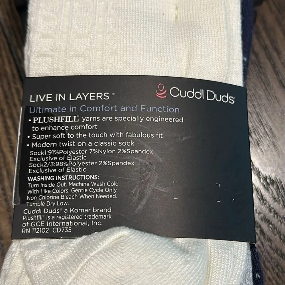 Cuddl Duds Plushfill 3-Pk Scattered Birdseye Spacedye Tuckstitch Crew Socks Navy